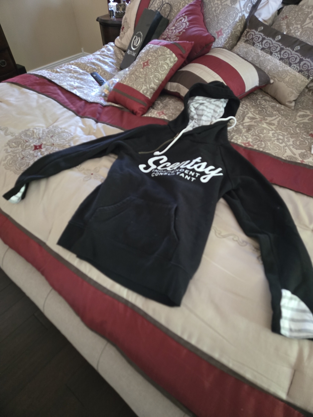 Women's Small black hooded sweatshirt with white and gray striped liner